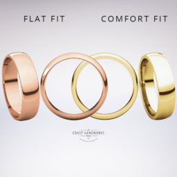 A traditional fit for these bands is simply flat across the inner circumference while a 'comfort fit' adds slight thickness and then rounds off the inner edges so it slips on and off more easily.