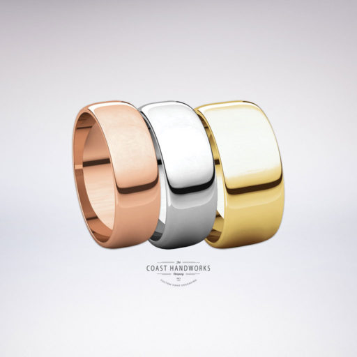 Select 1 of 3 widths of our low-dome rounded bands in yellow, white or rose gold along with your preferred fit and engraving design wishes and we'll hand make it and hand engrave it from scratch just for you!