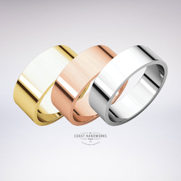 Select 1 of 3 modern flat wedding bands in yellow, white or rose gold along with your preferred width, fit and design wishes and we'll hand make it and hand engrave it from scratch just for you!