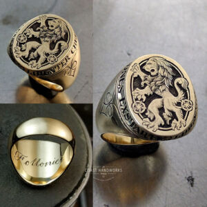 Gold signet ring with hand engraved family crest, a lion rampant in Heraldic form, custom name inside Gold signet ring with hand engraved family crest, a lion rampant in Heraldic form, custom name inside