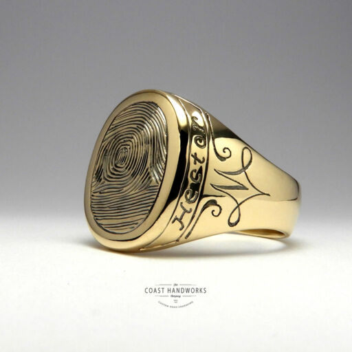 Finished fingerprint ring is an heirloom to be passed down from mother to son with personal message and monogram engraved on the shanks Finished fingerprint ring is an heirloom to be passed down from mother to son with personal message and monogram engraved on the shanks