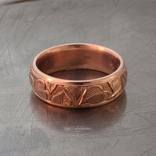 Hand engraved tea-leaf pattern in a 14k rose gold ring, custom made to order Hand engraved tea-leaf pattern in a 14k rose gold ring, custom made to order